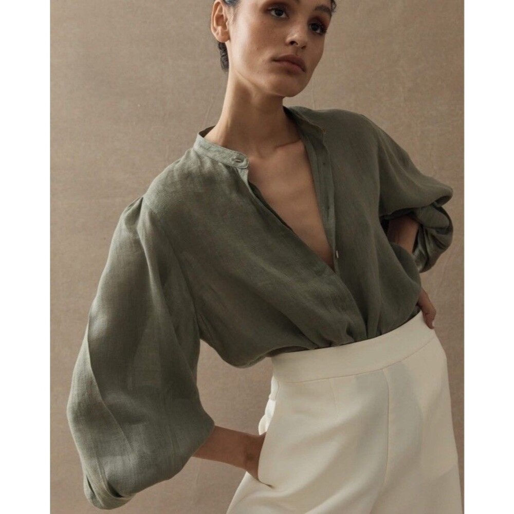 SARAH JANE CLARKE Top Blouse Ballon Sleeve  Sage Green Linen Size 4